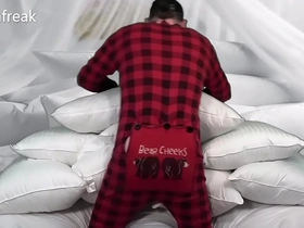 A guy humps his pillows and fucks the stuffing until he cums