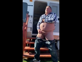 Horny chubby guy cums in the campground
