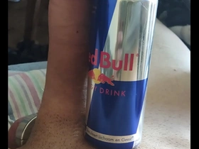 Rock hard 18cm cock compared to redbull can