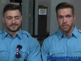 Bulky bear security guards in threeway